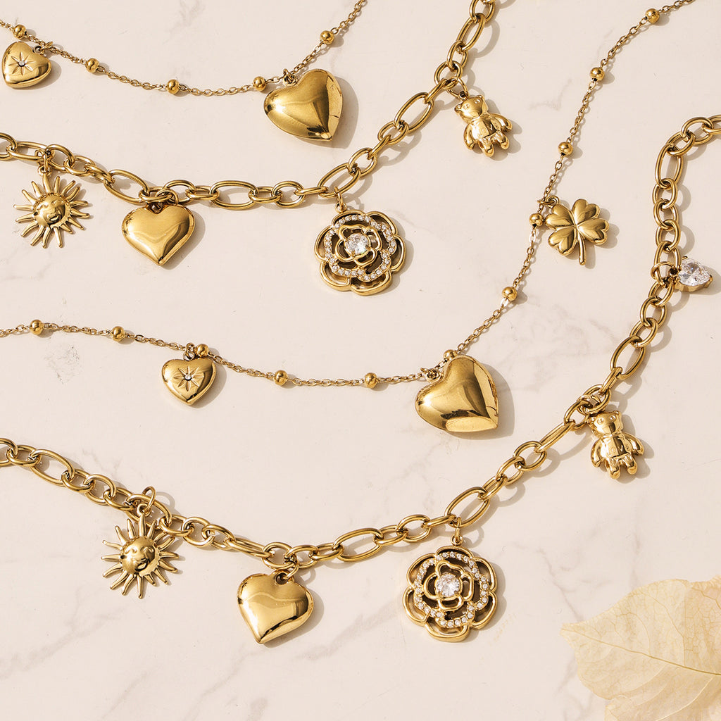Romantic French Style Rose Flower Zirconia Double Heart Necklace Women Layering Choker Chain Luxury Full Diamond Gift for Her