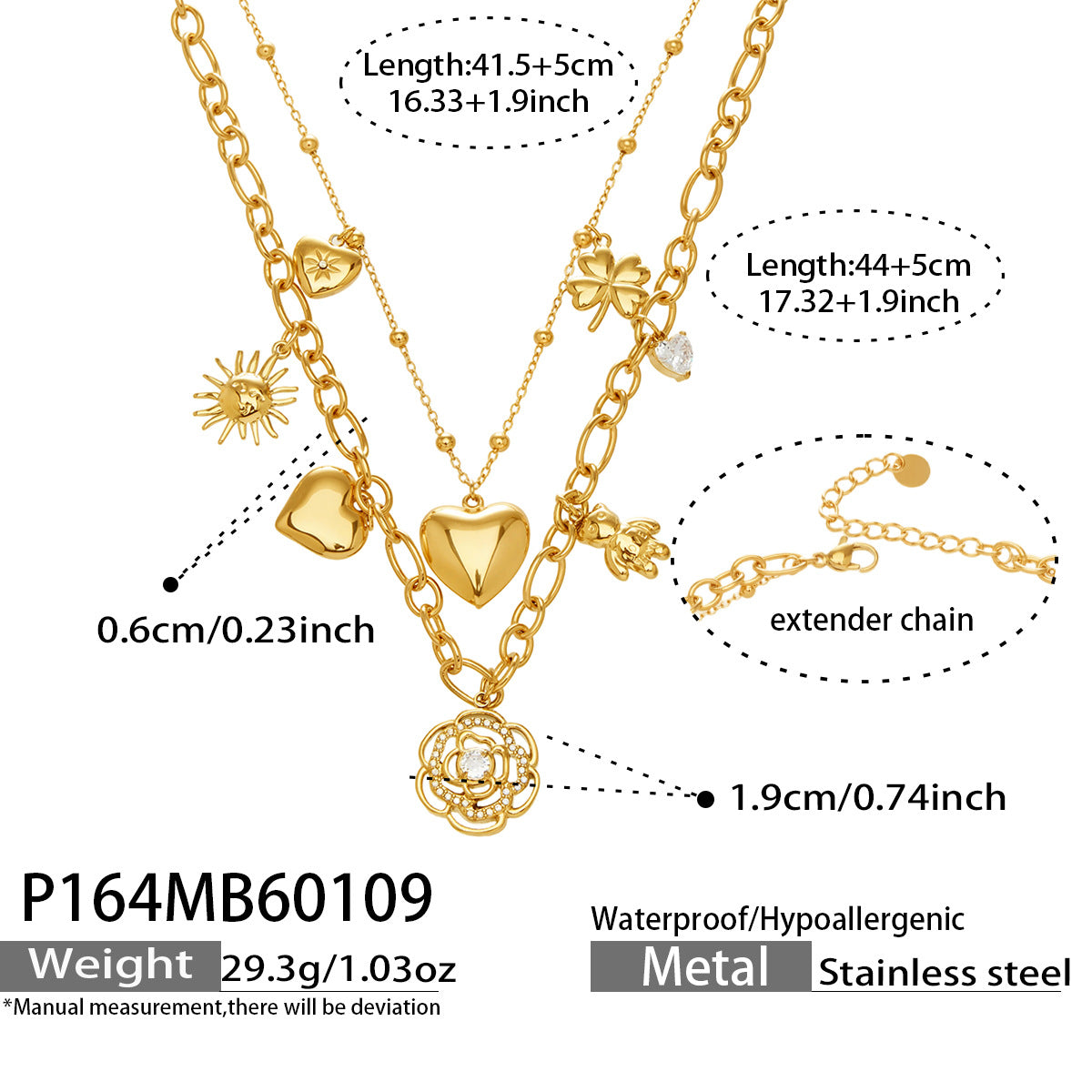 Romantic French Style Rose Flower Zirconia Double Heart Necklace Women Layering Choker Chain Luxury Full Diamond Gift for Her