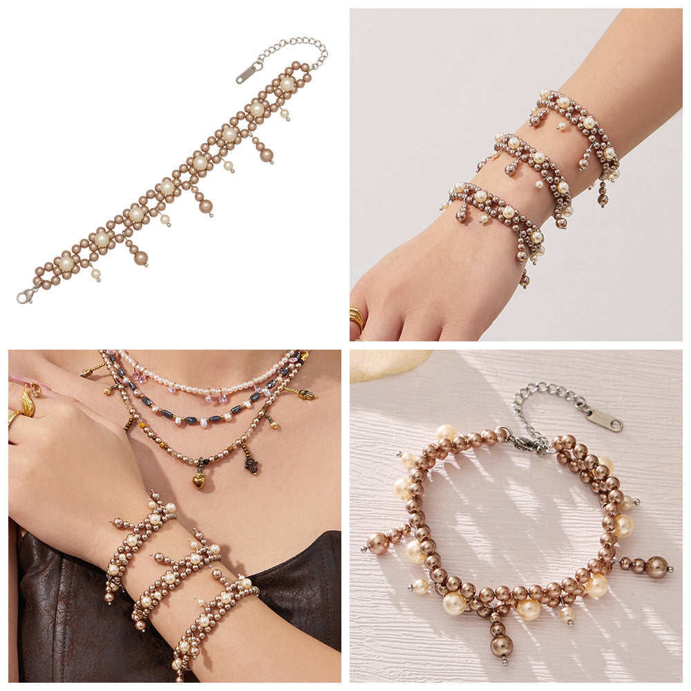 2026 Fashion  Crystal Pearl Beaded Stainless Steel  Handmade with Tassel Boho Chic Dainty Jewelry Gift for Women