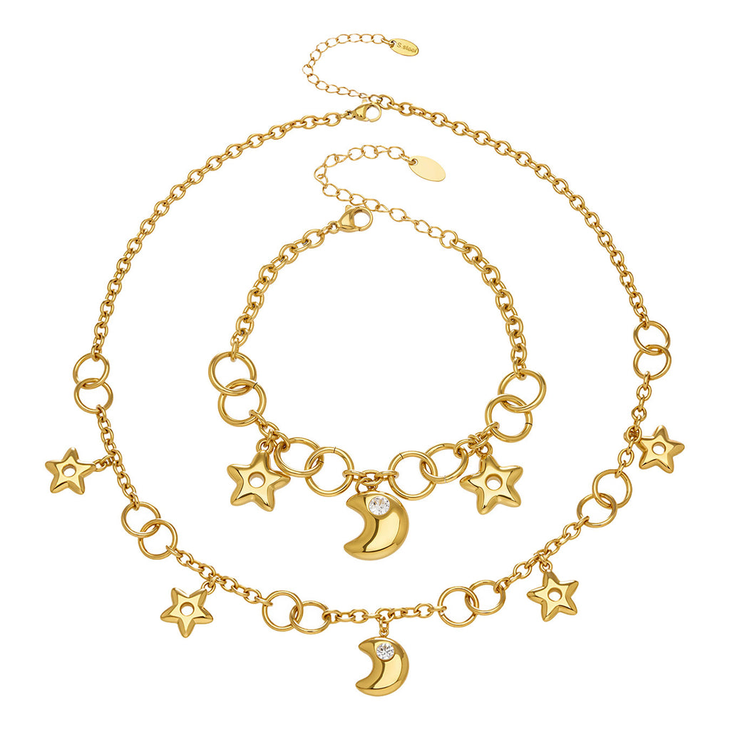 Star Moon Jewelry Set Zodiac Necklace and Bracelet 5A Cubic Zirconia in Stainless Steel Luxury Fashion Set