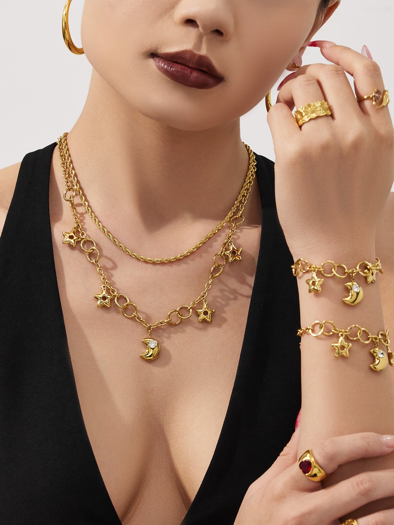 Star Moon Jewelry Set Zodiac Necklace and Bracelet 5A Cubic Zirconia in Stainless Steel Luxury Fashion Set