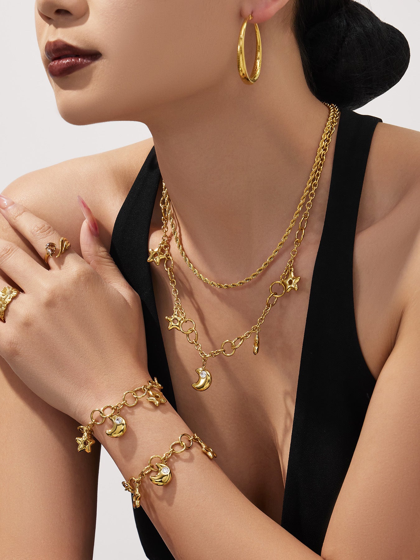 Star Moon Jewelry Set Zodiac Necklace and Bracelet 5A Cubic Zirconia in Stainless Steel Luxury Fashion Set