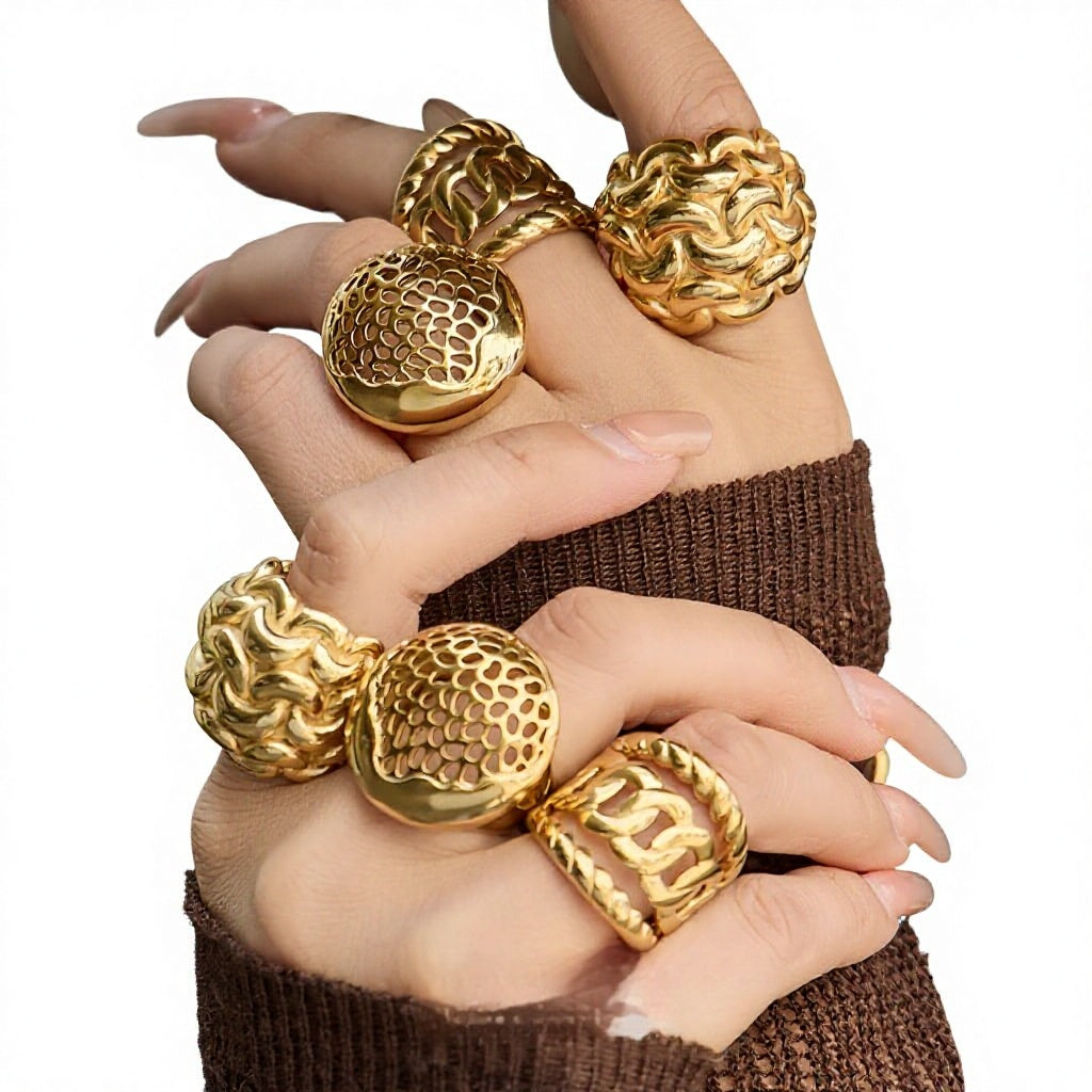 18K Gold Plated Stainless Steel Hollow Out Woven Stackable Rings for Women Fashion Anti Tarnish Vintage Aesthetic Jewelry