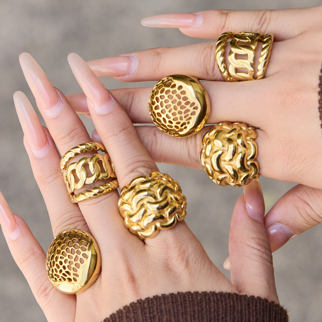 18K Gold Plated Stainless Steel Hollow Out Woven Stackable Rings for Women Fashion Anti Tarnish Vintage Aesthetic Jewelry