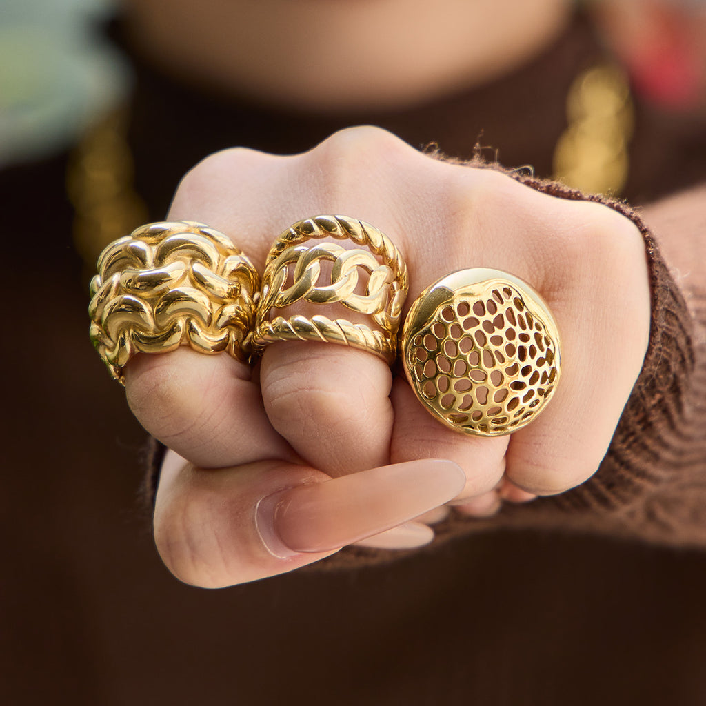 18K Gold Plated Stainless Steel Hollow Out Woven Stackable Rings for Women Fashion Anti Tarnish Vintage Aesthetic Jewelry