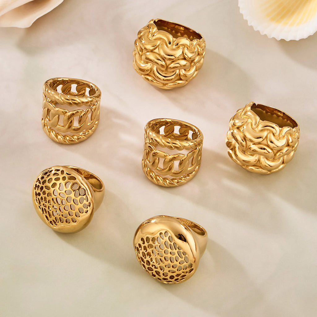 18K Gold Plated Stainless Steel Hollow Out Woven Stackable Rings for Women Fashion Anti Tarnish Vintage Aesthetic Jewelry
