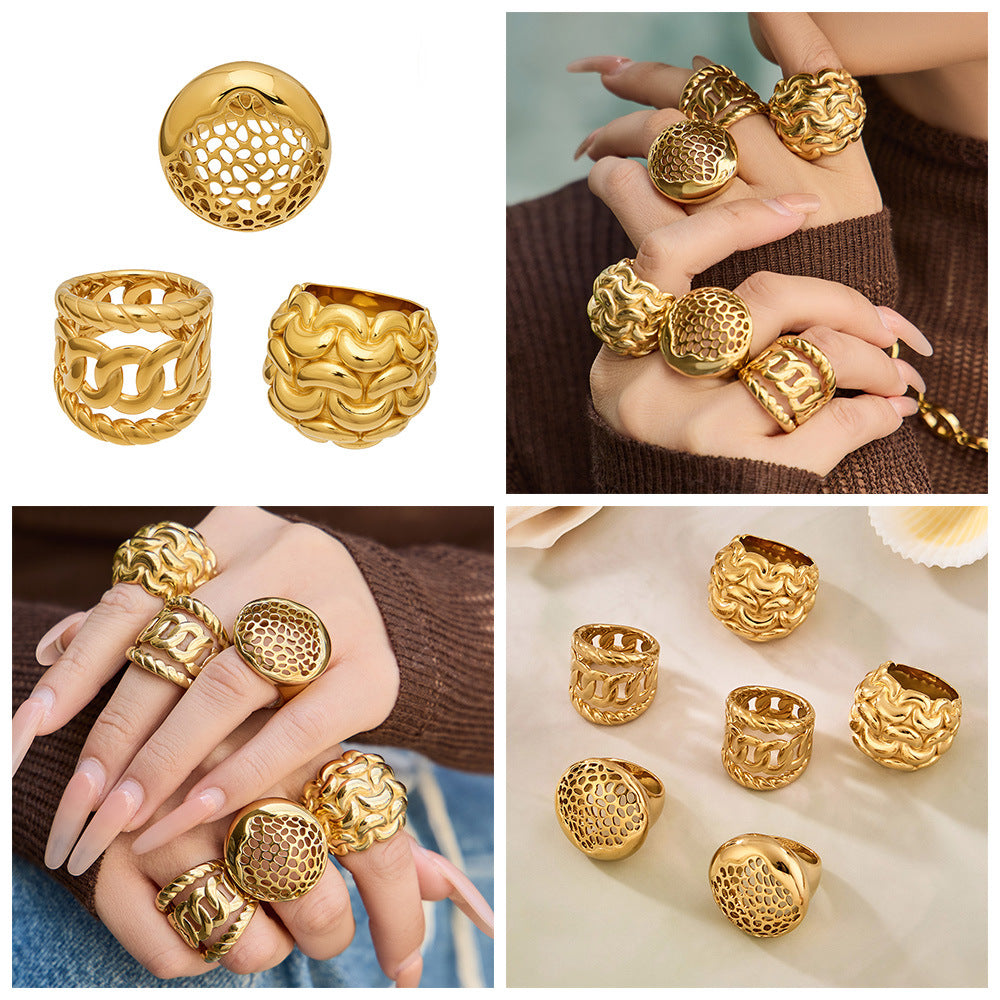 18K Gold Plated Stainless Steel Hollow Out Woven Stackable Rings for Women Fashion Anti Tarnish Vintage Aesthetic Jewelry