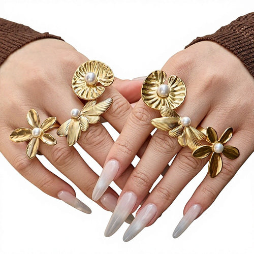 2026 Trending Unique Design Lotus Flower Open Ring 18K Gold Stainless Steel Pearl Adjustable Finger Ring