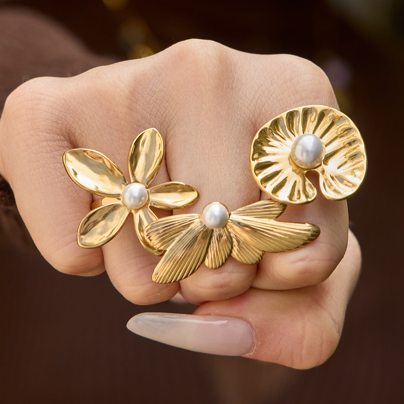 2026 Trending Unique Design Lotus Flower Open Ring 18K Gold Stainless Steel Pearl Adjustable Finger Ring