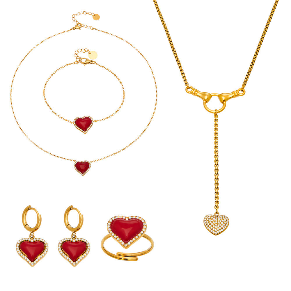 Fashion Stainless Steel Red Heart Pendant Zircon Inlaid Earrings Bracelet Light Luxury Fashion Elegant Open Ring Tassel Necklace