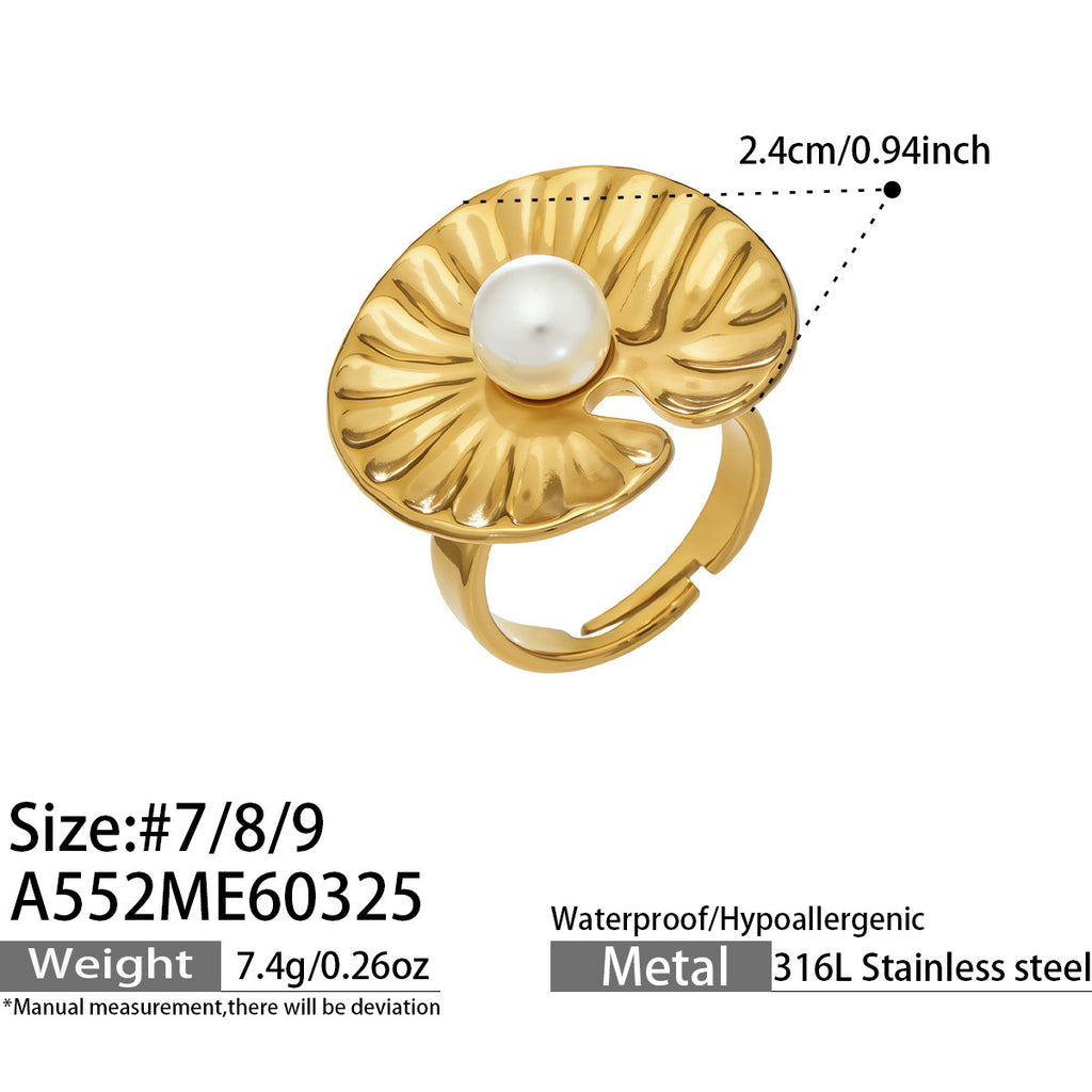 2026 Trending Unique Design Lotus Flower Open Ring 18K Gold Stainless Steel Pearl Adjustable Finger Ring