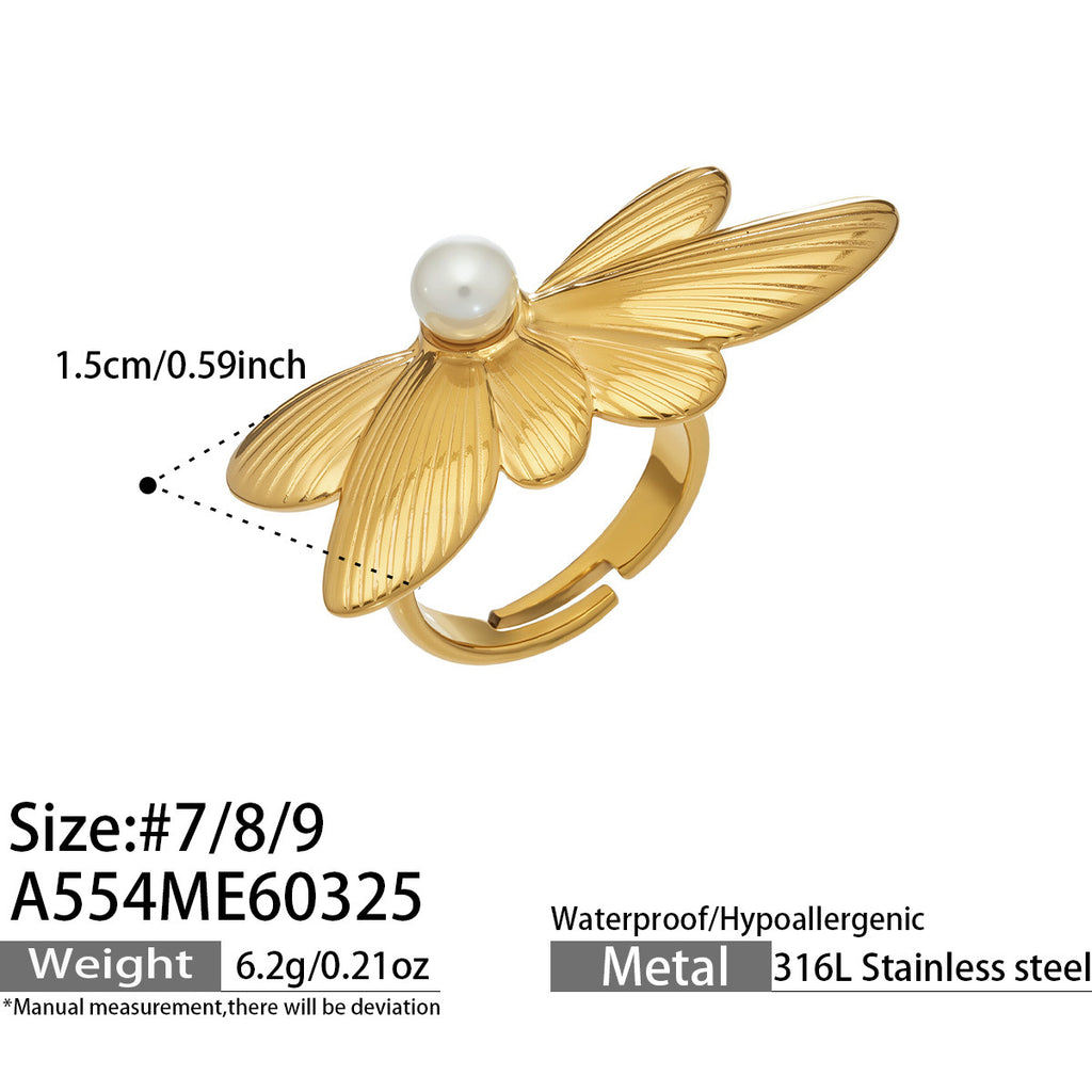 2026 Trending Unique Design Lotus Flower Open Ring 18K Gold Stainless Steel Pearl Adjustable Finger Ring