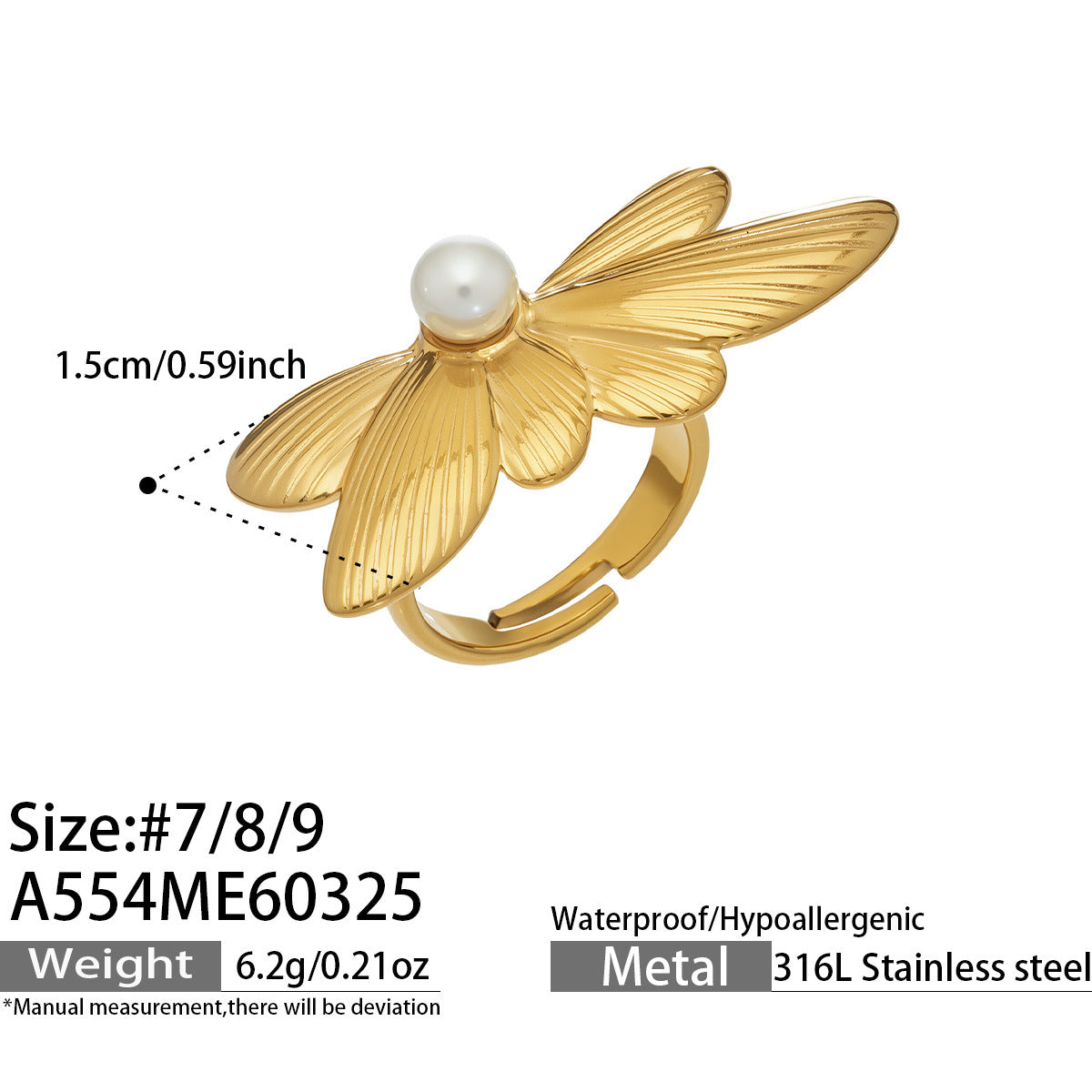 2026 Trending Unique Design Lotus Flower Open Ring 18K Gold Stainless Steel Pearl Adjustable Finger Ring