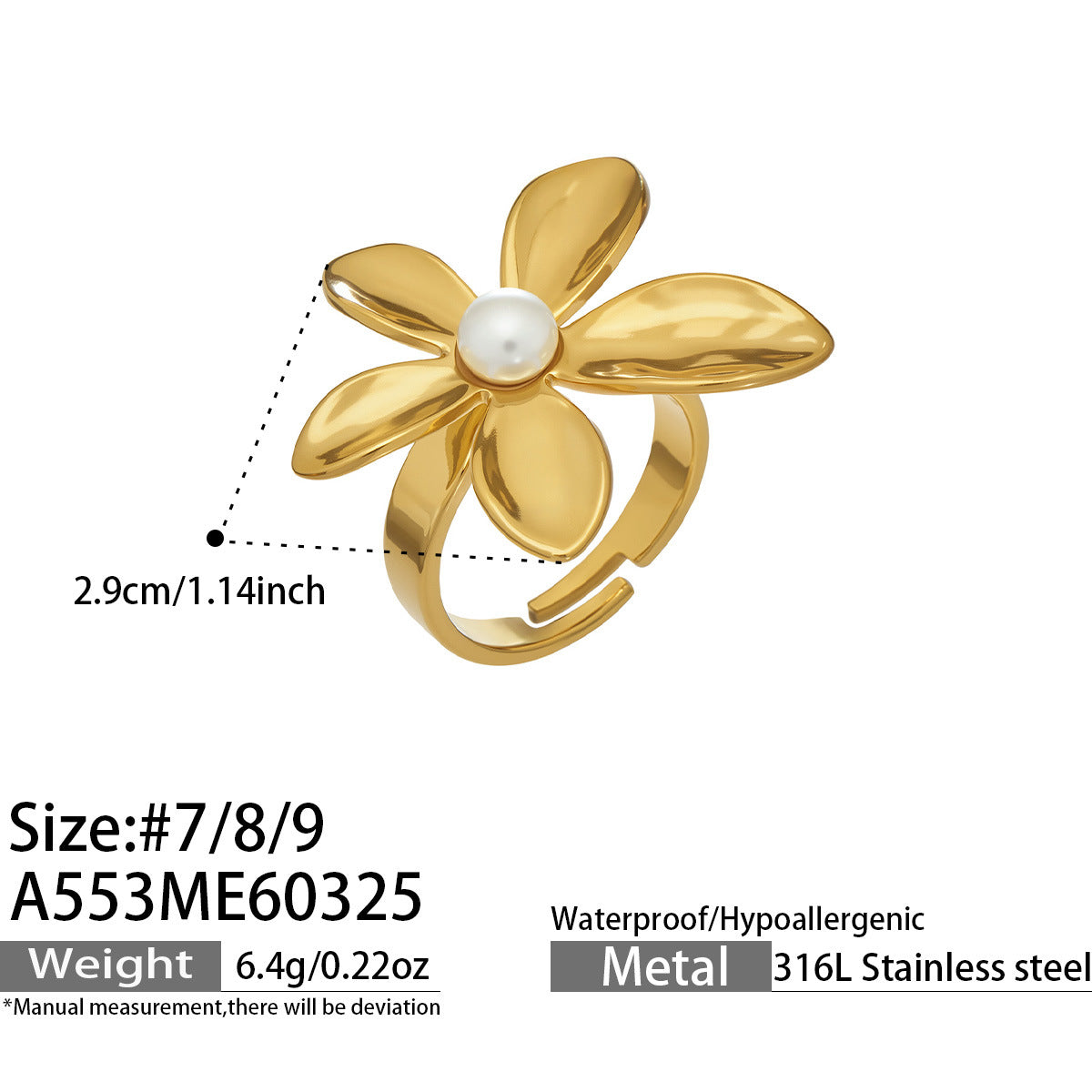 2026 Trending Unique Design Lotus Flower Open Ring 18K Gold Stainless Steel Pearl Adjustable Finger Ring