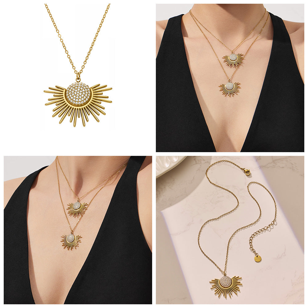 Fashion PVD Gold Plated Sun Necklace for Women Elegant Zirconia Stainless Steel Chain Minimalist Daily Wear Jewelry Gift