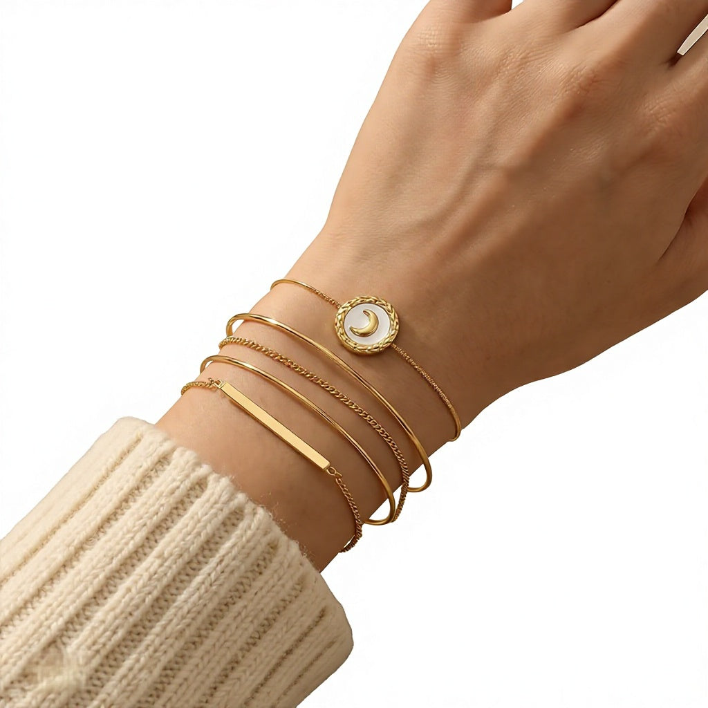 Classic Slide Knot Rope Bracelet with Natural White Mother of Pearl Moon Pendant, Stainless Steel Hypoallergenic Jewelry