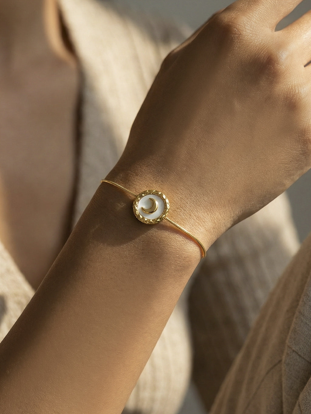 Classic Slide Knot Rope Bracelet with Natural White Mother of Pearl Moon Pendant, Stainless Steel Hypoallergenic Jewelry