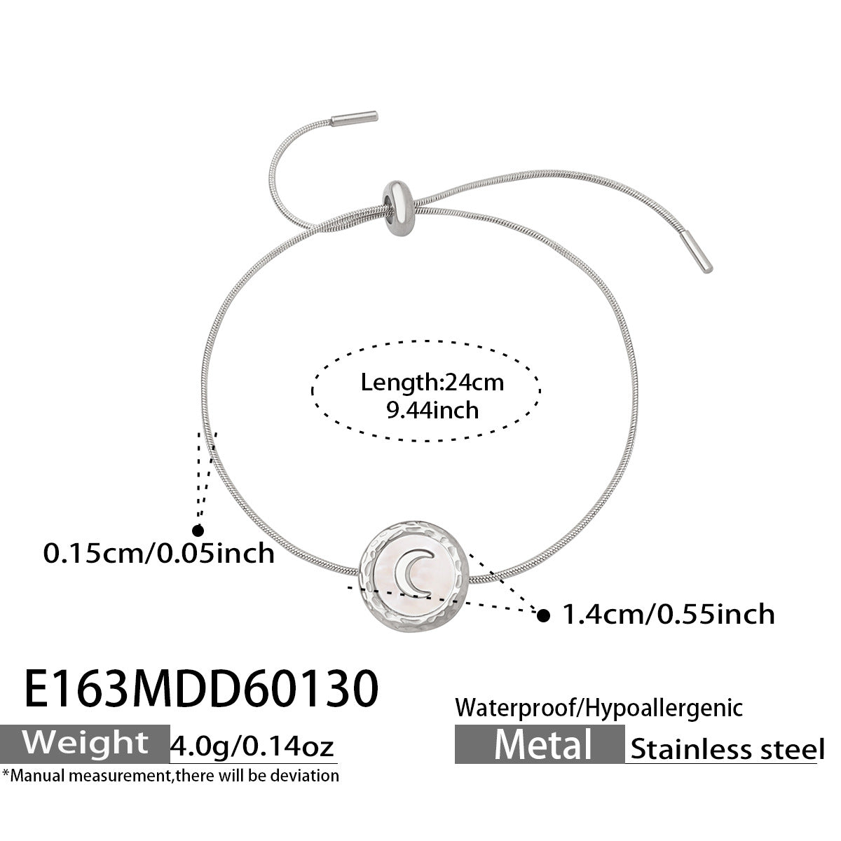 Classic Slide Knot Rope Bracelet with Natural White Mother of Pearl Moon Pendant, Stainless Steel Hypoallergenic Jewelry