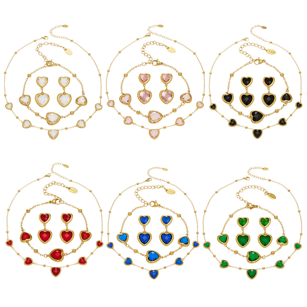 Multi Color Heart Glass Stone Necklace Bracelet Set 18K Gold Plated Stainless Steel Romantic Jewelry Gift