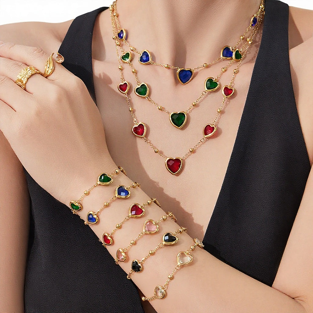 Multi Color Heart Glass Stone Necklace Bracelet Set 18K Gold Plated Stainless Steel Romantic Jewelry Gift