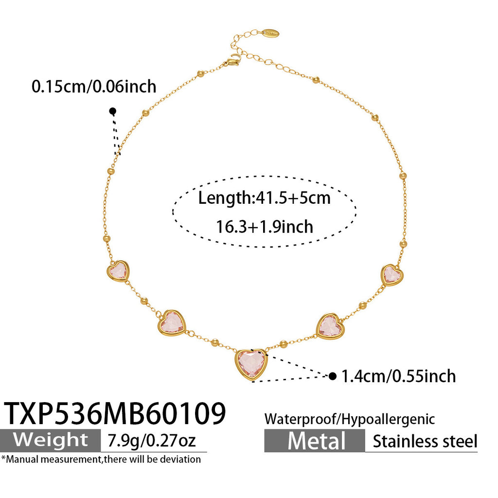 Multi Color Heart Glass Stone Necklace Bracelet Set 18K Gold Plated Stainless Steel Romantic Jewelry Gift