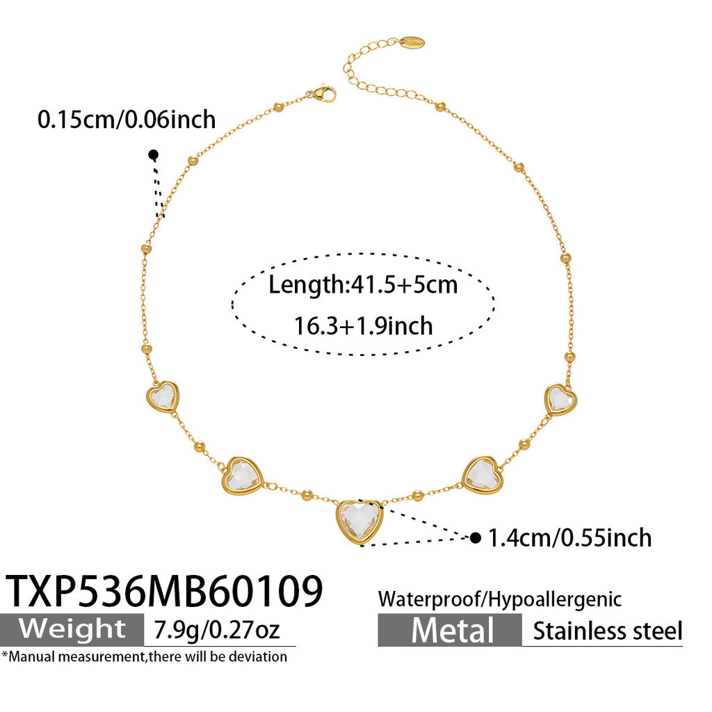 Multi Color Heart Glass Stone Necklace Bracelet Set 18K Gold Plated Stainless Steel Romantic Jewelry Gift