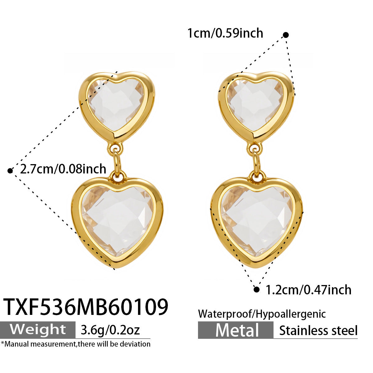 Multi Color Heart Glass Stone Necklace Bracelet Set 18K Gold Plated Stainless Steel Romantic Jewelry Gift