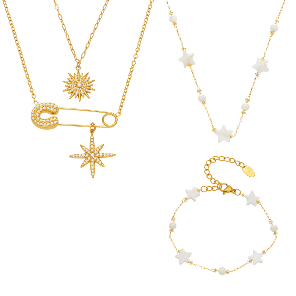 2026 New Fashion 5A Zircon Sunflower Pendant Necklace with Shell Star Bracelet Set Sparkling Eight-Pointed Star Gift for Women