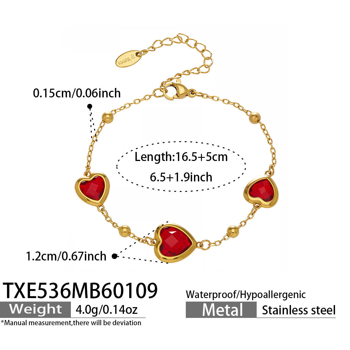 Multi Color Heart Glass Stone Necklace Bracelet Set 18K Gold Plated Stainless Steel Romantic Jewelry Gift