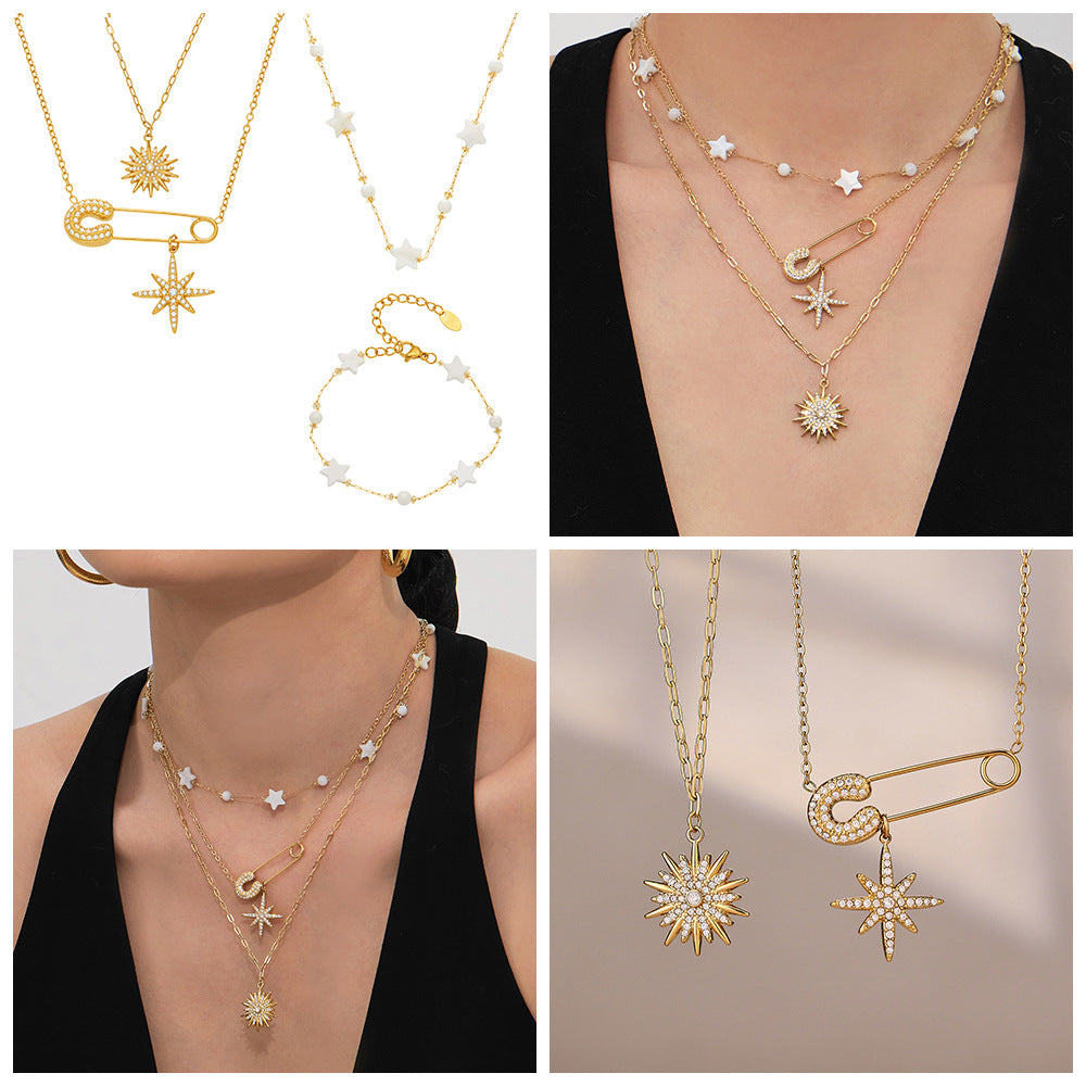 2026 New Fashion 5A Zircon Sunflower Pendant Necklace with Shell Star Bracelet Set Sparkling Eight-Pointed Star Gift for Women