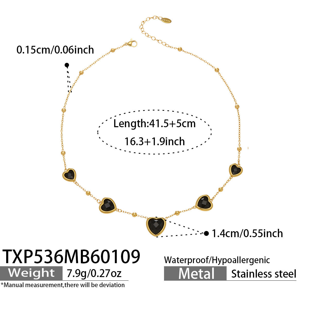 Multi Color Heart Glass Stone Necklace Bracelet Set 18K Gold Plated Stainless Steel Romantic Jewelry Gift