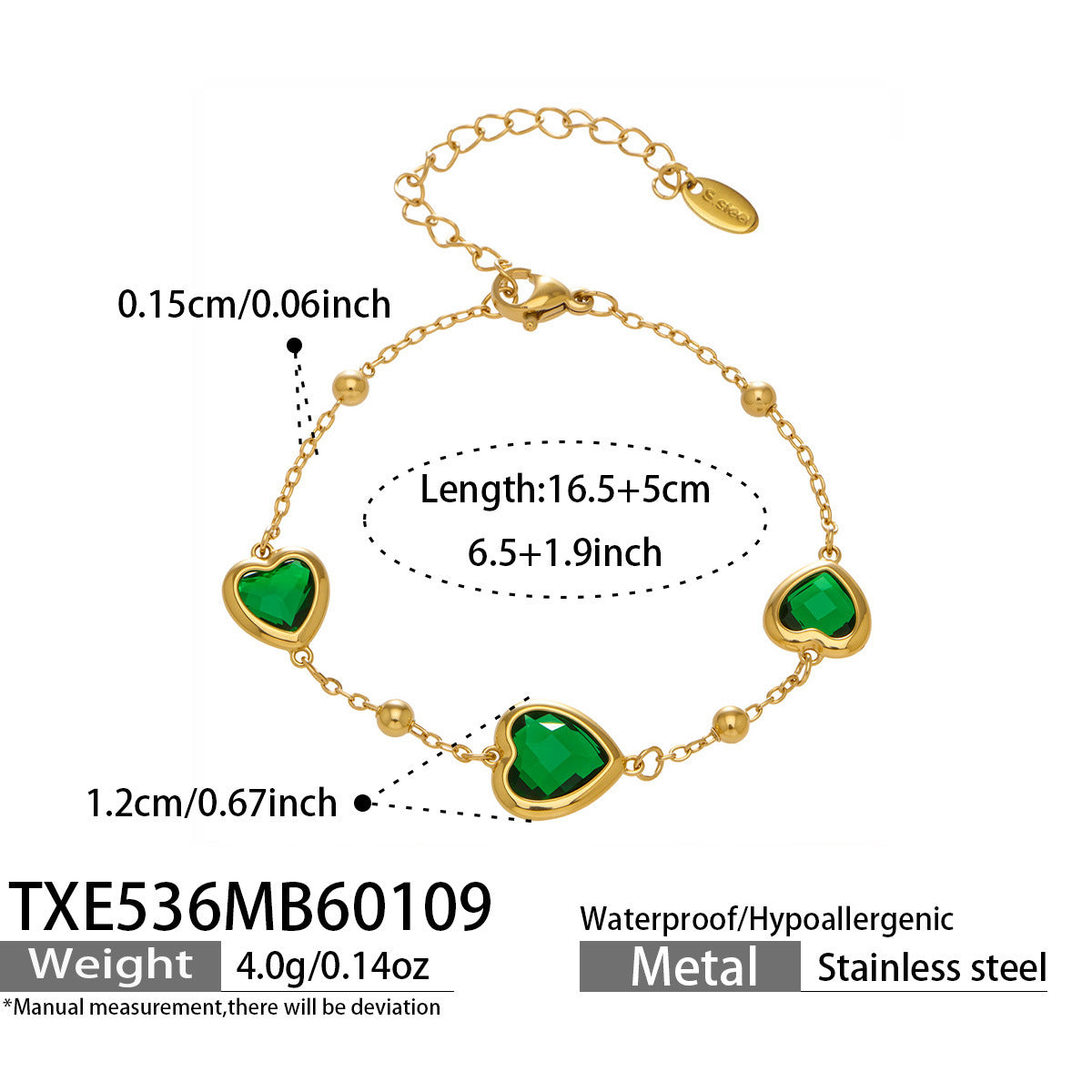 Multi Color Heart Glass Stone Necklace Bracelet Set 18K Gold Plated Stainless Steel Romantic Jewelry Gift