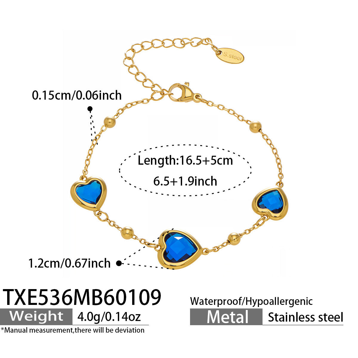 Multi Color Heart Glass Stone Necklace Bracelet Set 18K Gold Plated Stainless Steel Romantic Jewelry Gift