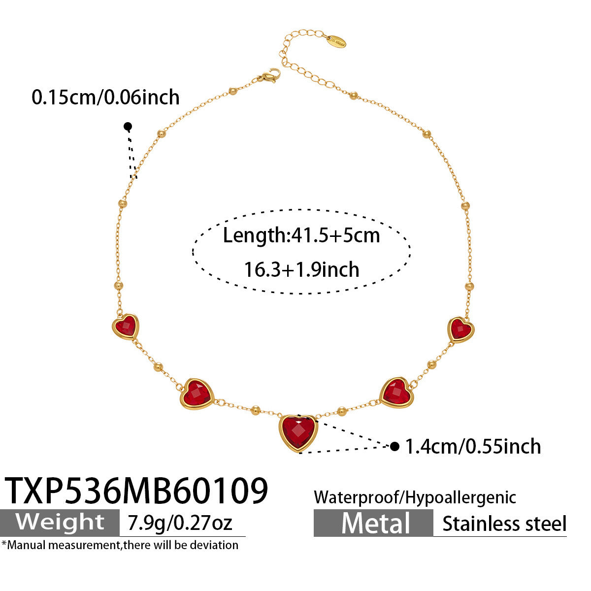 Multi Color Heart Glass Stone Necklace Bracelet Set 18K Gold Plated Stainless Steel Romantic Jewelry Gift