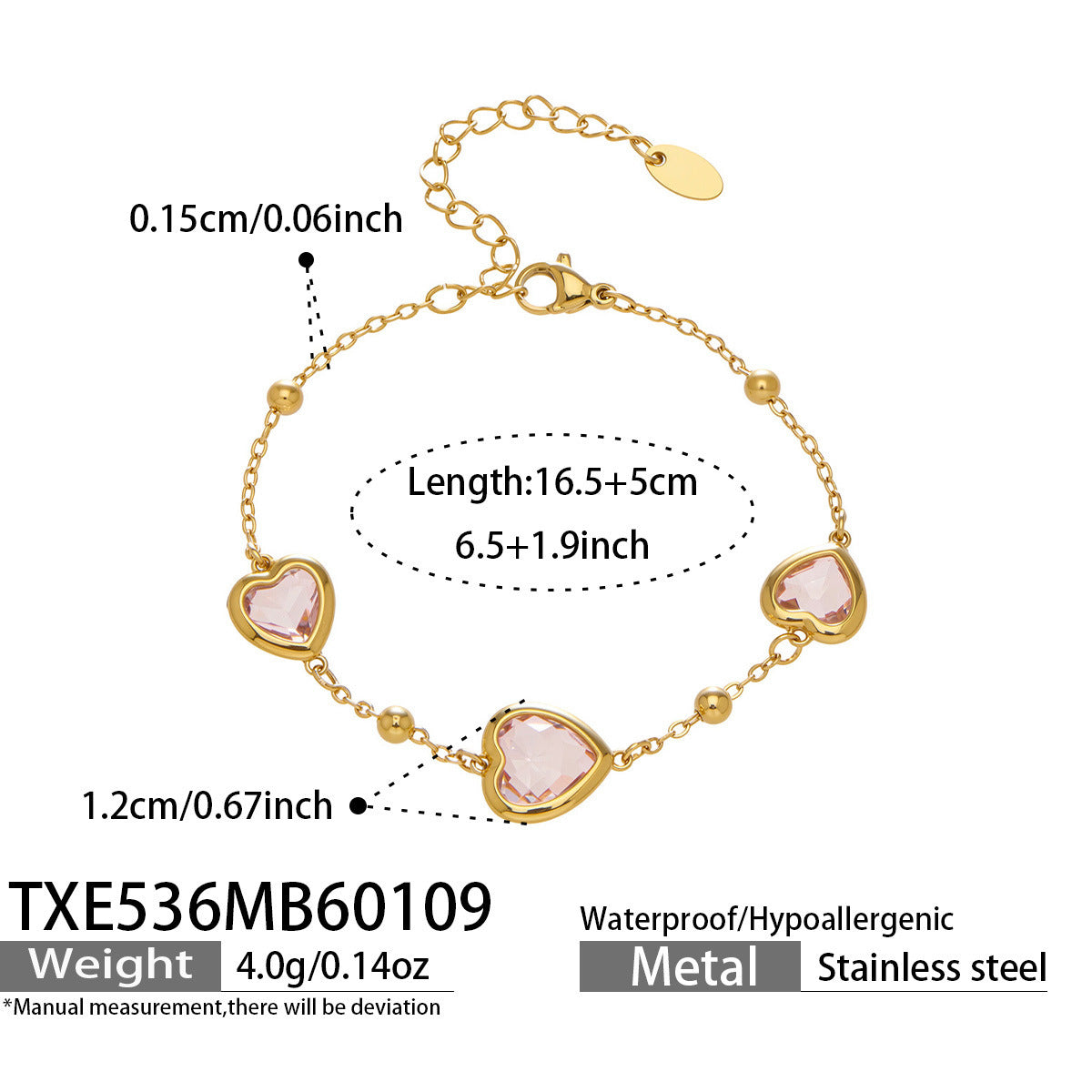 Multi Color Heart Glass Stone Necklace Bracelet Set 18K Gold Plated Stainless Steel Romantic Jewelry Gift