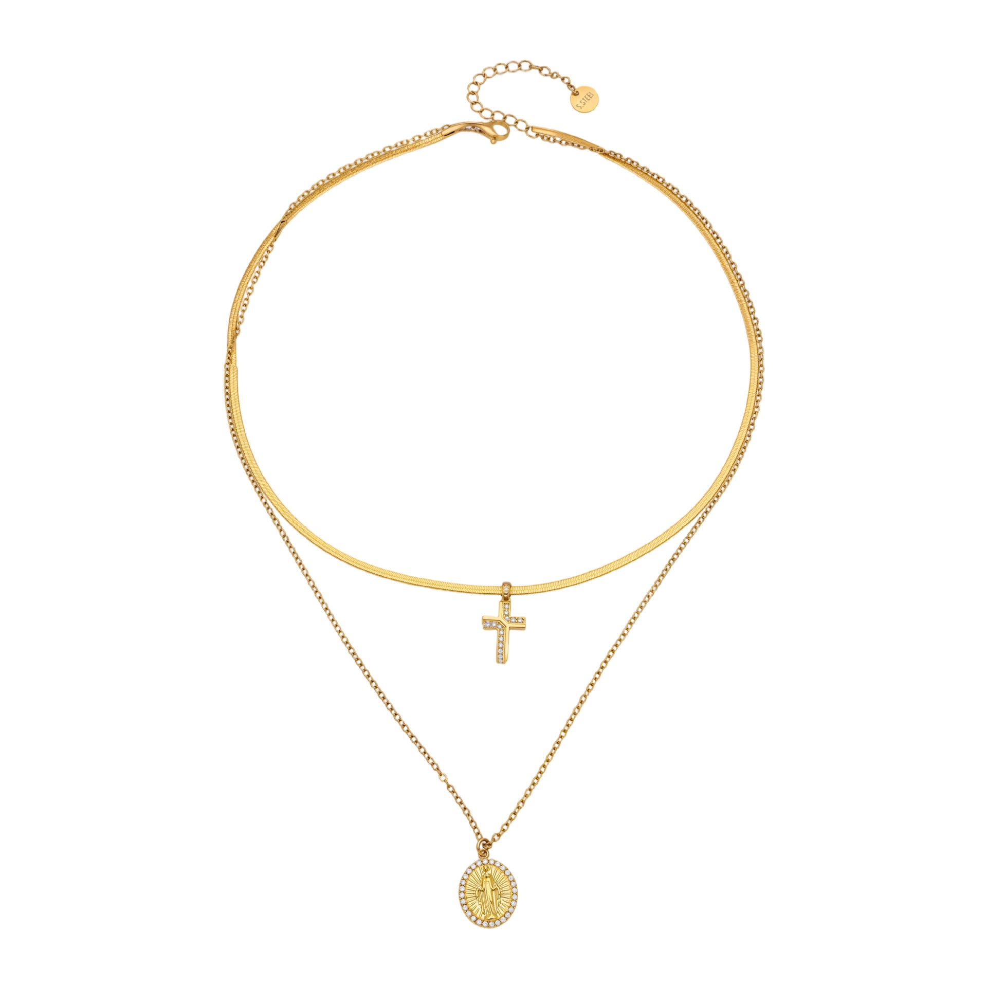 Fashion Stainless Steel Goddess Round Pendant Necklace with Zirconia Cross Charm Double Layer Blade Chain Layering Choker Collar