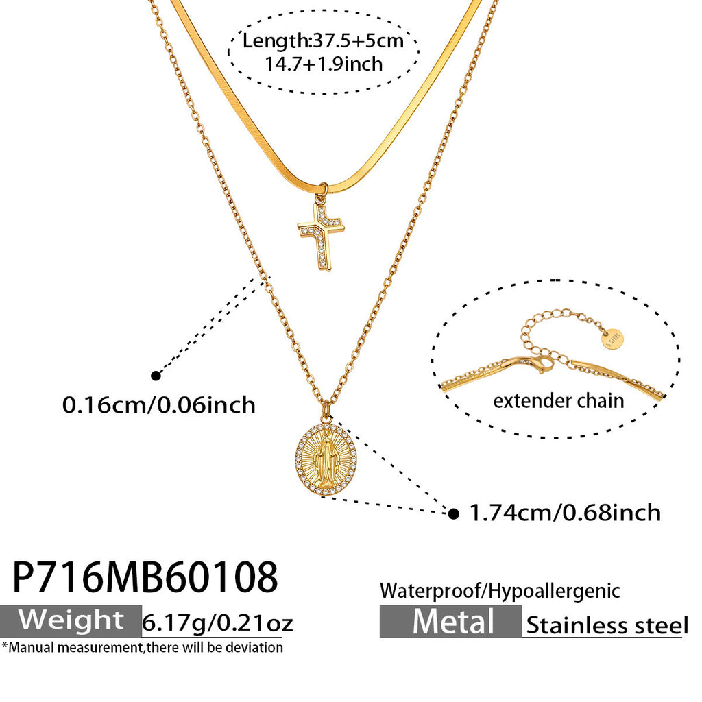 Fashion Stainless Steel Goddess Round Pendant Necklace with Zirconia Cross Charm Double Layer Blade Chain Layering Choker Collar