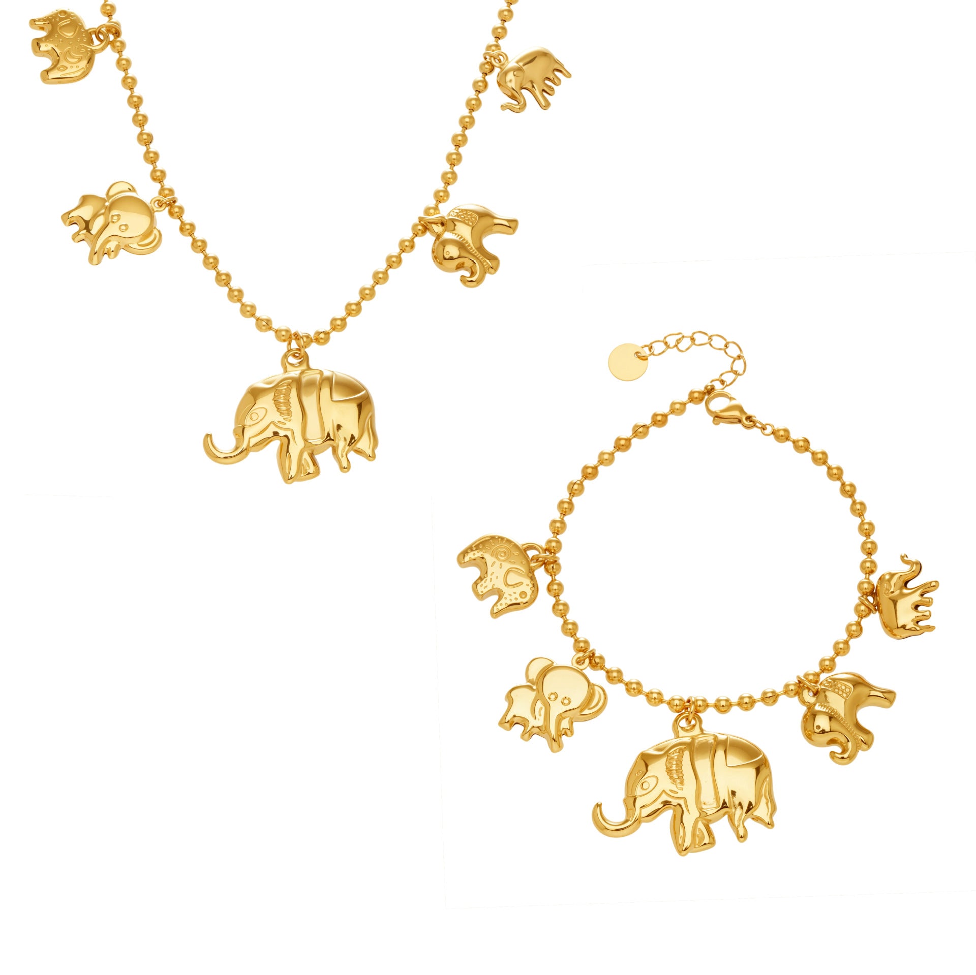 Fashion Elephant Pendant Necklace  Bracelet Stainless Steel Bead Chain Set