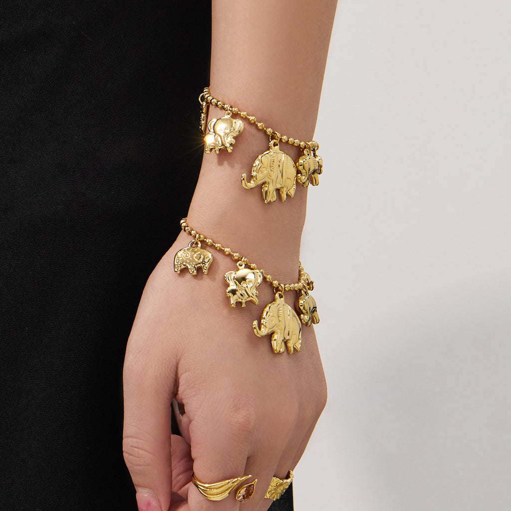 Fashion Elephant Pendant Necklace  Bracelet Stainless Steel Bead Chain Set