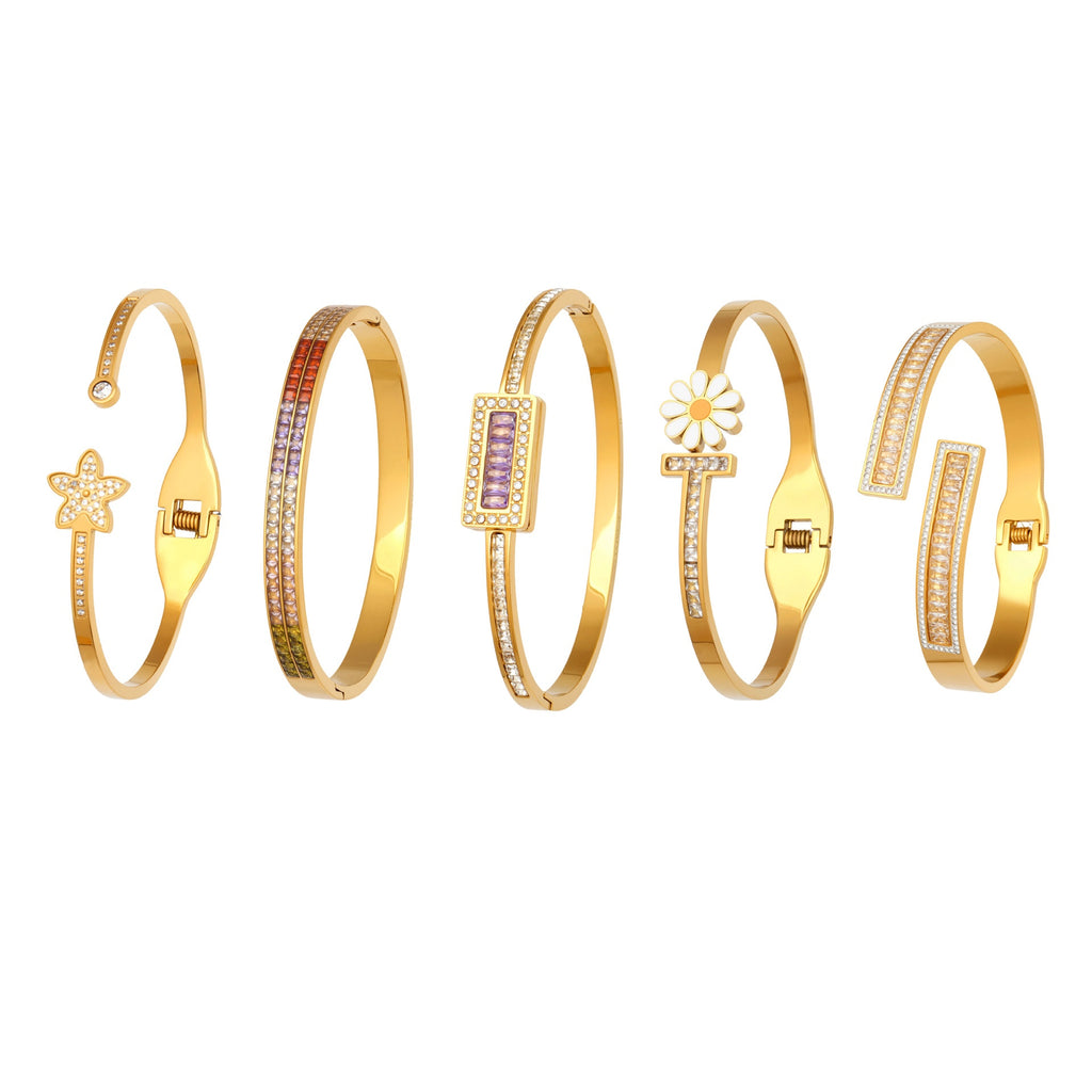 Fashion  Zirconia Daisy Tennis Stainless Steel Flash Shiny Row Diamond Cartilage Cuff Bangle Gift for Her