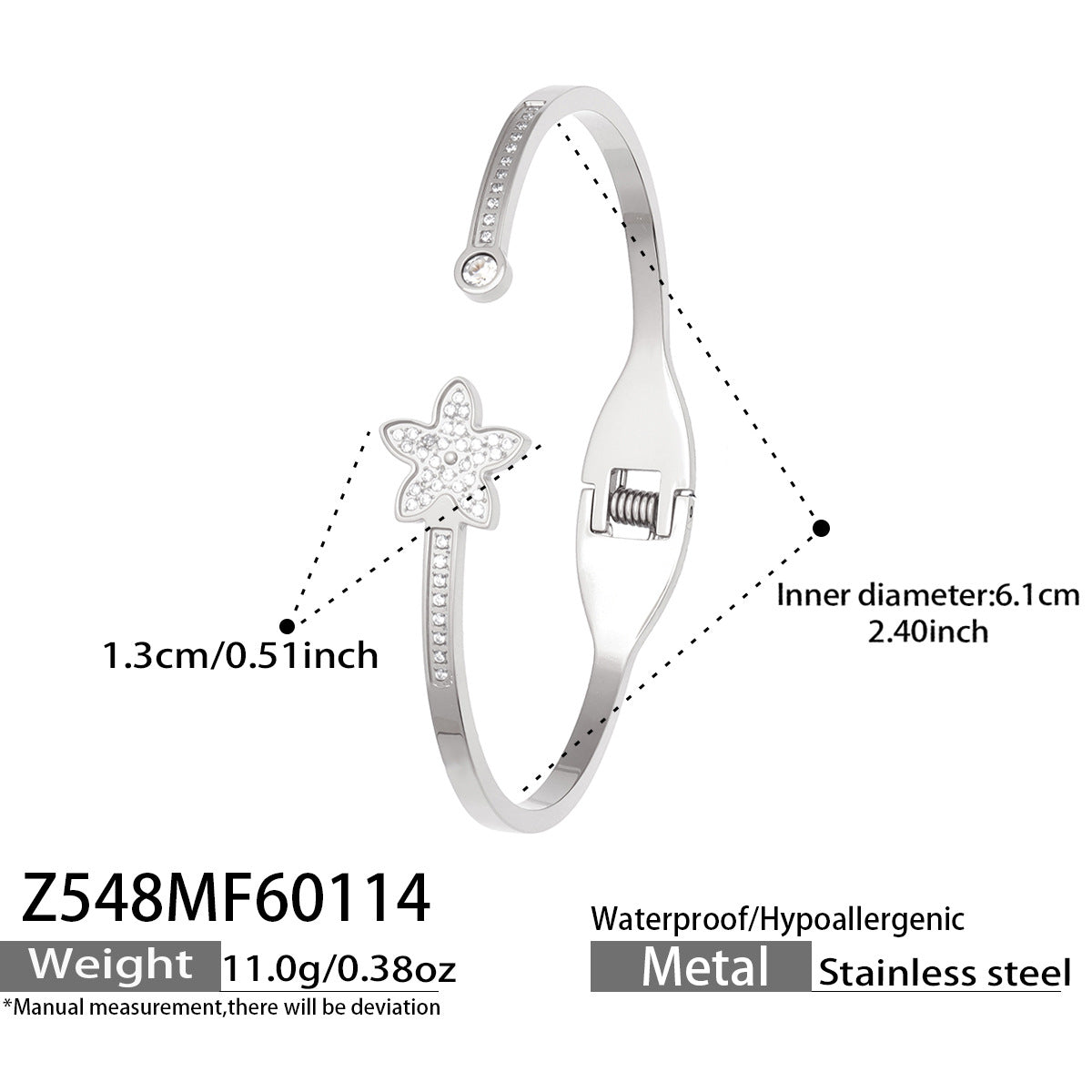 Fashion  Zirconia Daisy Tennis Stainless Steel Flash Shiny Row Diamond Cartilage Cuff Bangle Gift for Her