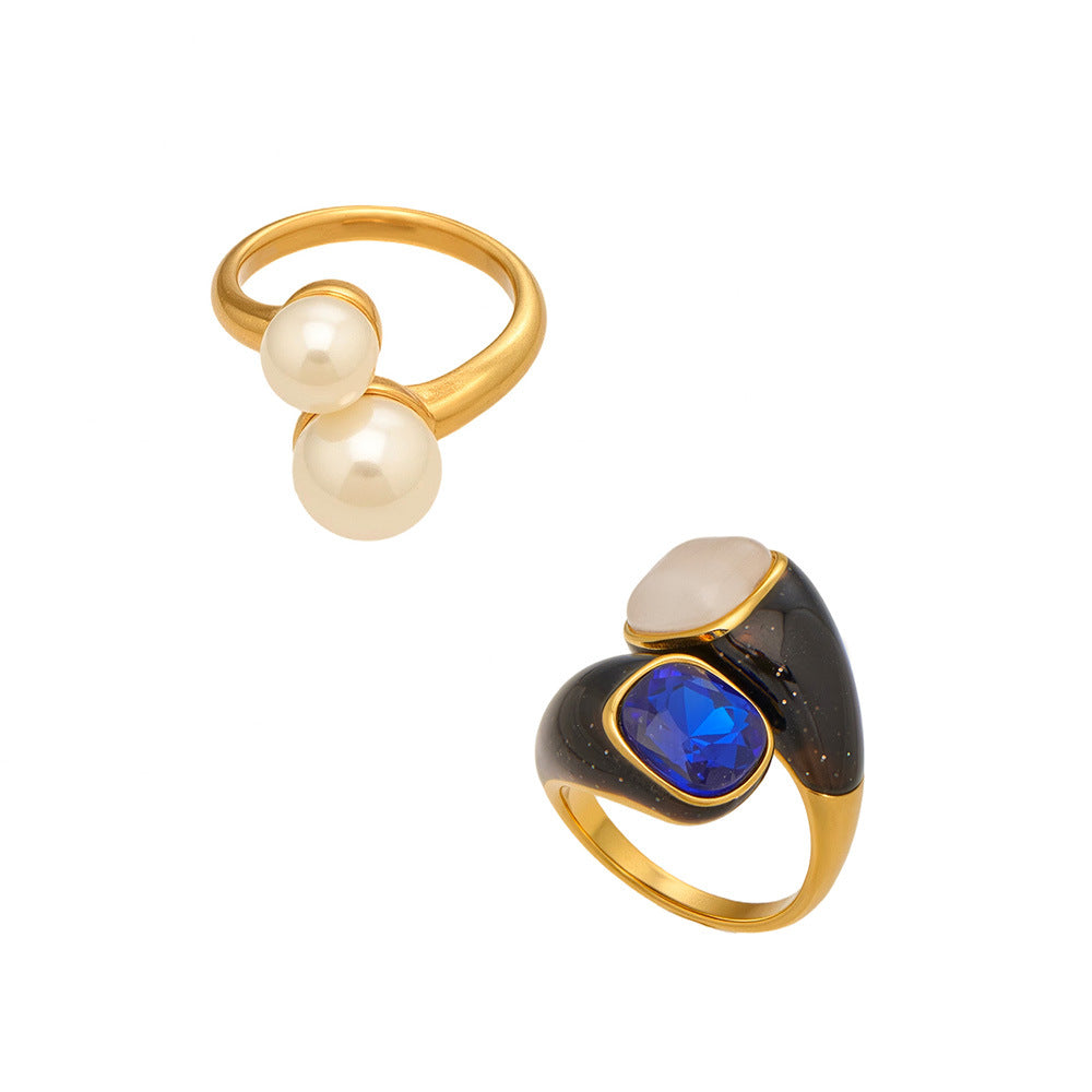 OEM Custom Logo Stainless Steel 18K Gold Blue Cat Eye Stone Enamel Imitation Pearl Jewelry Factory Direct Supply