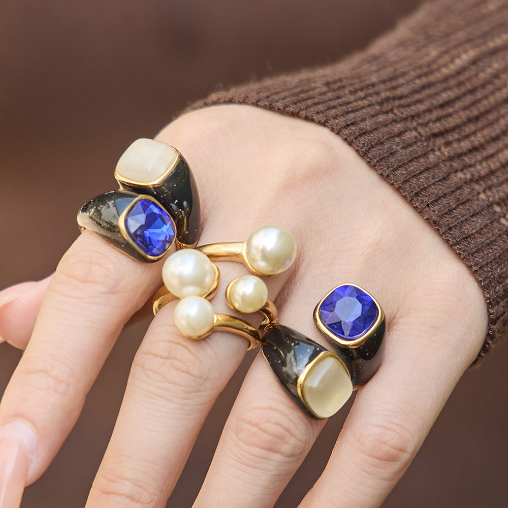 OEM Custom Logo Stainless Steel 18K Gold Blue Cat Eye Stone Enamel Imitation Pearl Jewelry Factory Direct Supply