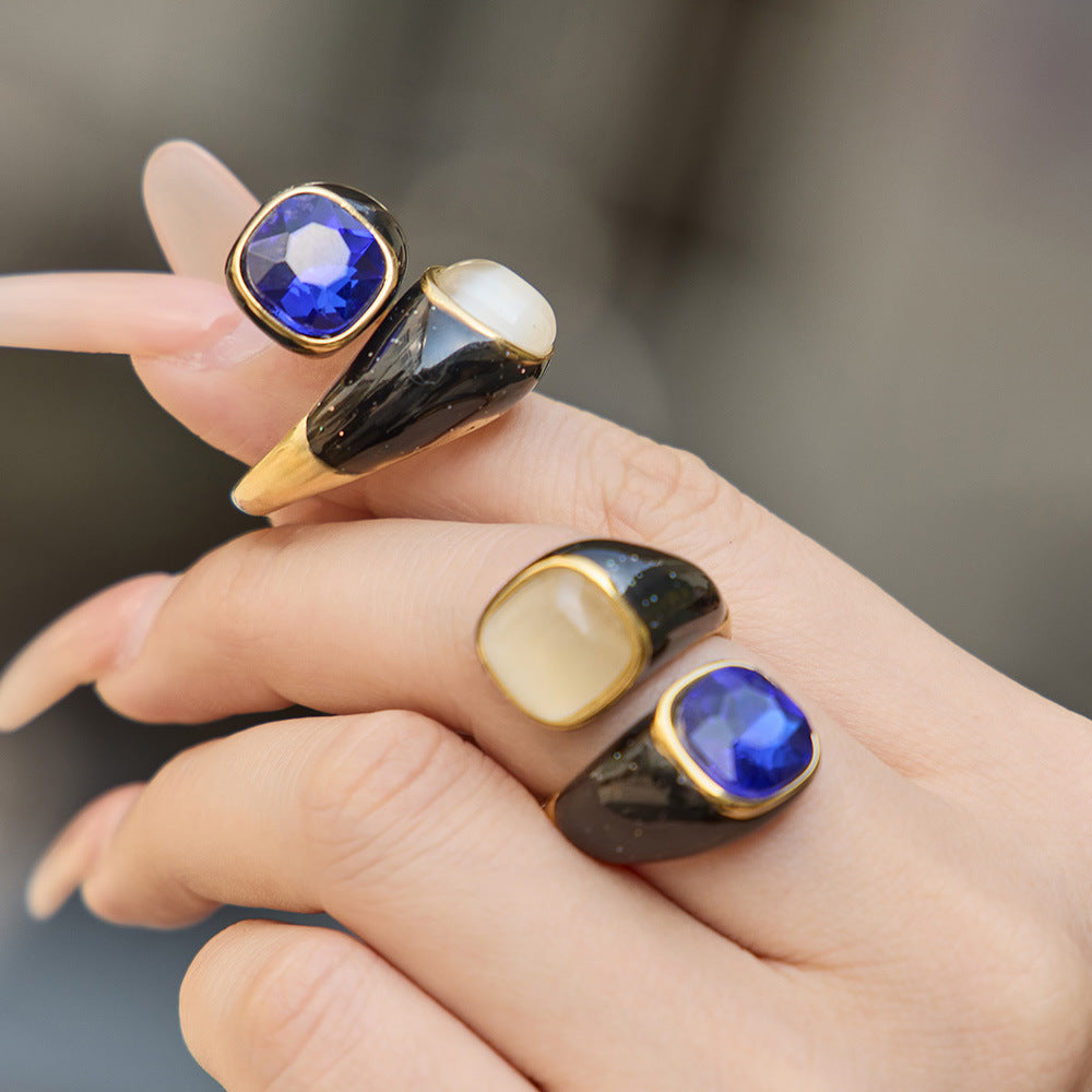 OEM Custom Logo Stainless Steel 18K Gold Blue Cat Eye Stone Enamel Imitation Pearl Jewelry Factory Direct Supply