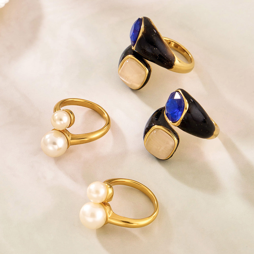 OEM Custom Logo Stainless Steel 18K Gold Blue Cat Eye Stone Enamel Imitation Pearl Jewelry Factory Direct Supply