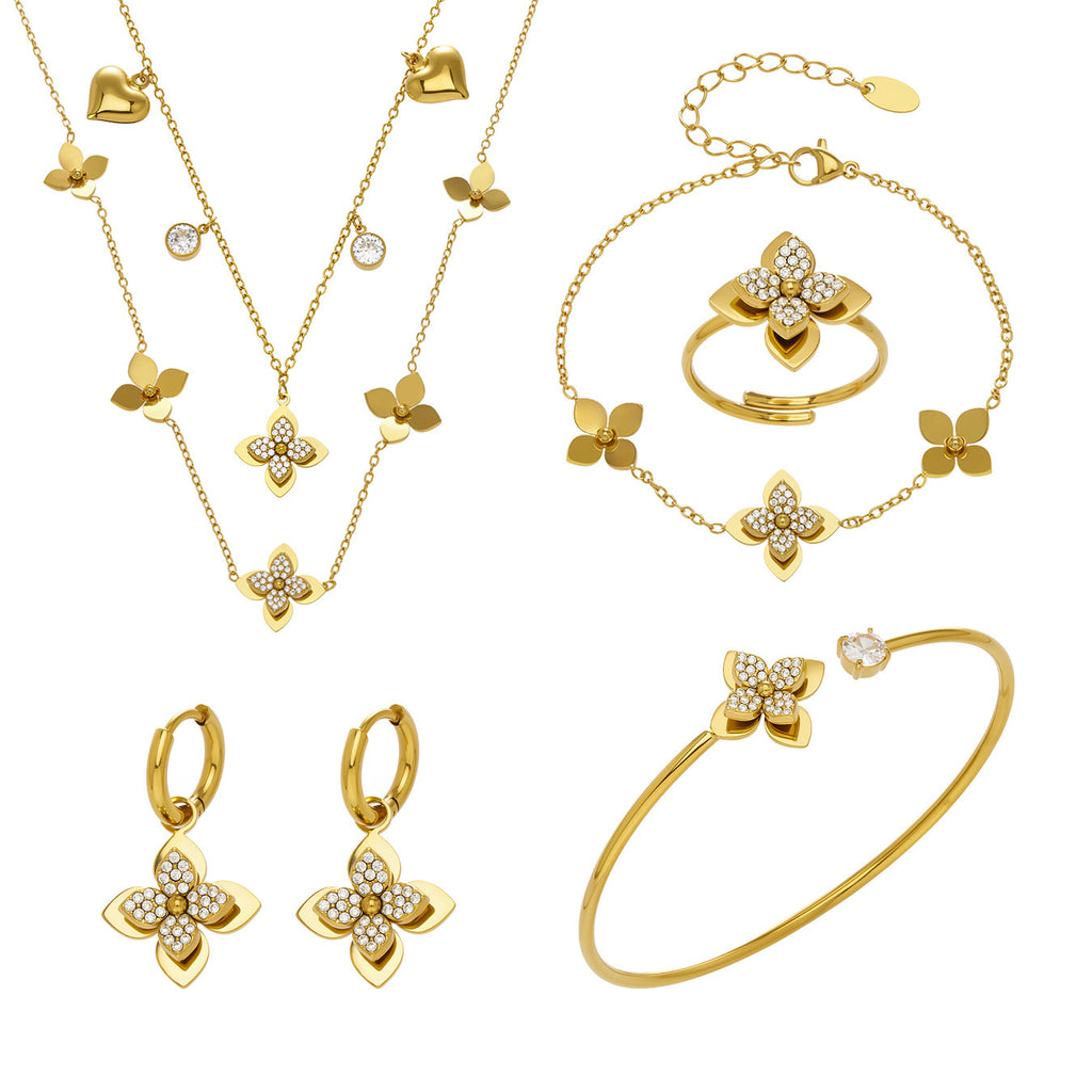 Fashion Stainless Steel 3D FIve Jewelry Set PVD Gold Plated Complete Gift Set