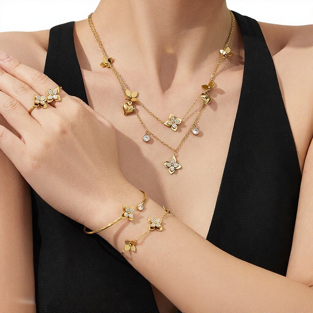 Fashion Stainless Steel 3D FIve Jewelry Set PVD Gold Plated Complete Gift Set