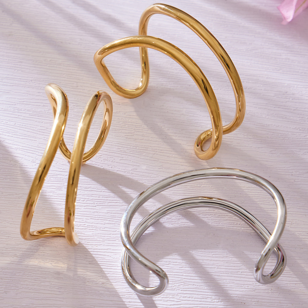Mystery Cross-border Simple Irregular Line C-shaped Open Stainless Steel Bracelet Plated 18k Real Gold Niche Personality Gone