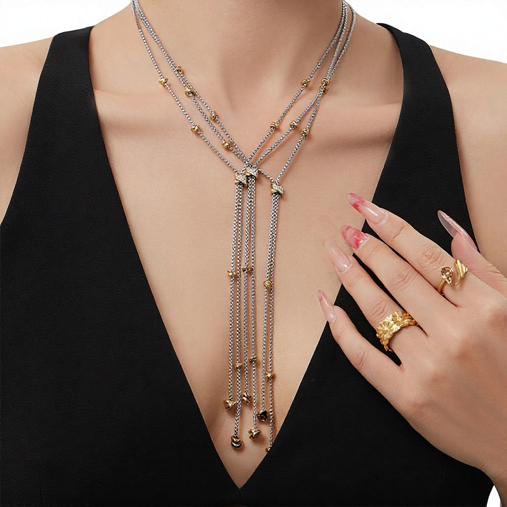 Mystery Cross-border New Double Color Micro-inlaid Zircon Long Tassel Bamboo Women's PVD Gold Plated Necklace European American