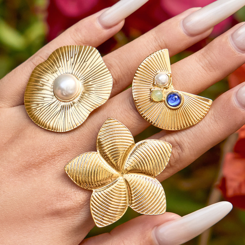 18K Gold Plated Stainless Steel Star Ring with Lotus Petal Design and Cultured Pearl Colorful Gemstone Fashion Wedding Band